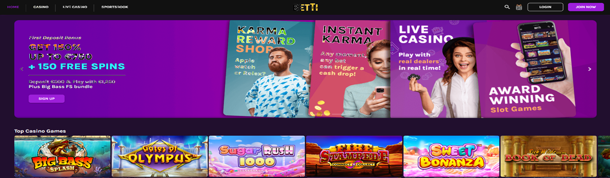 Betti Casino interface showing free spins promotional banner